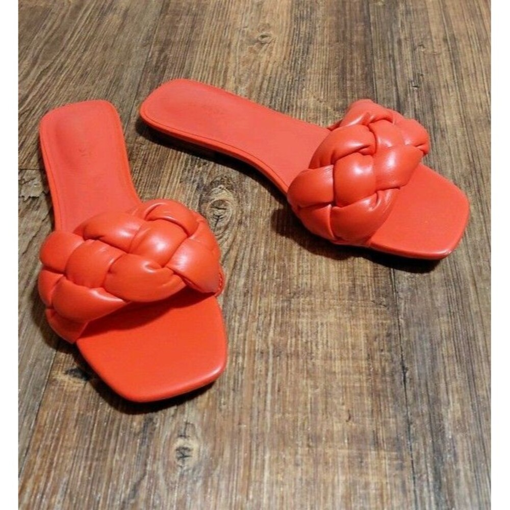 Nine West Red/Orange Braided Strap Slip-On Mules Faux Leather Sandals 8.5M